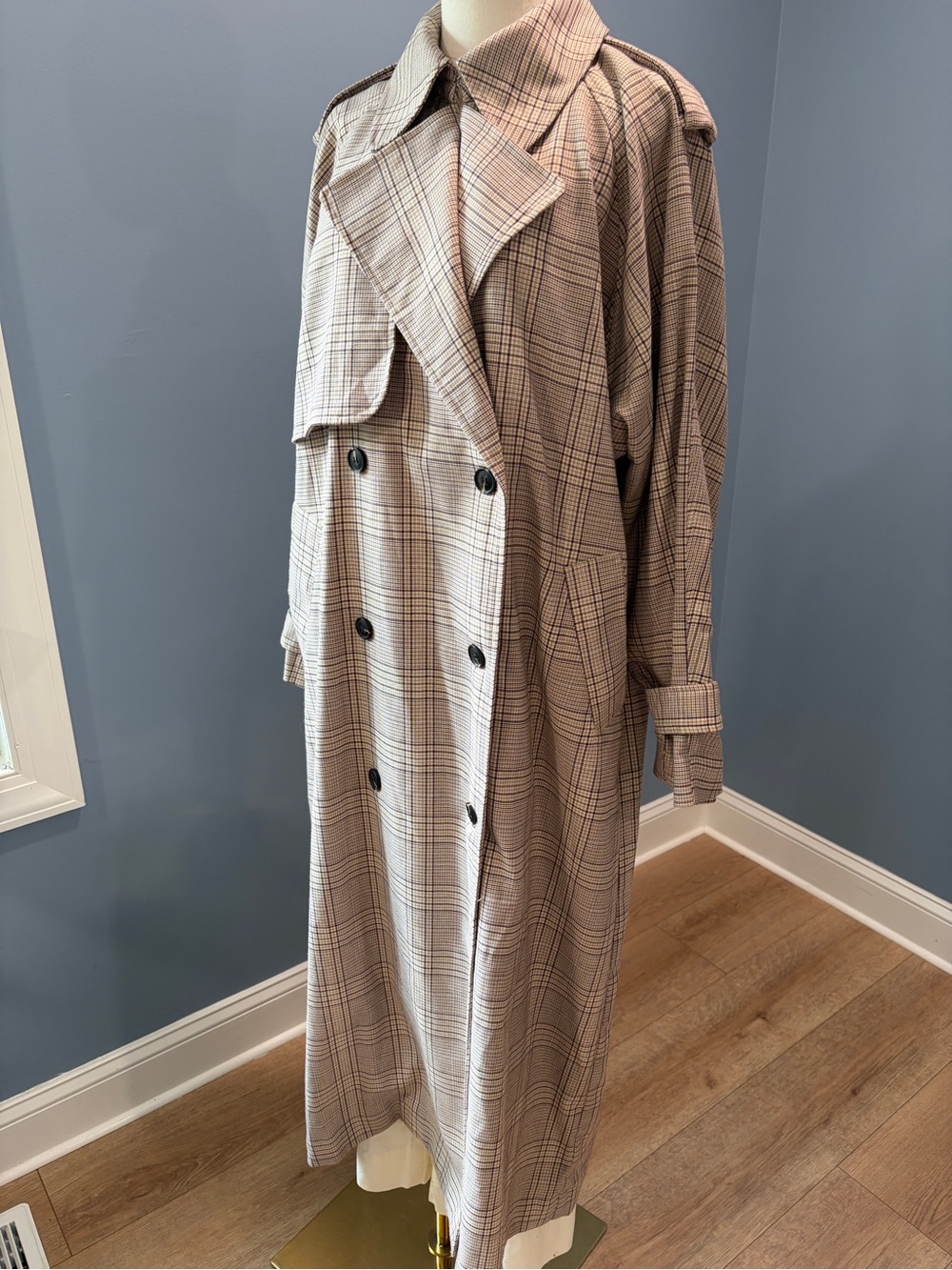 JUST FEMALE Oversized Plaid Maxi Trench Coat Duster Brown Cream Small NWOT